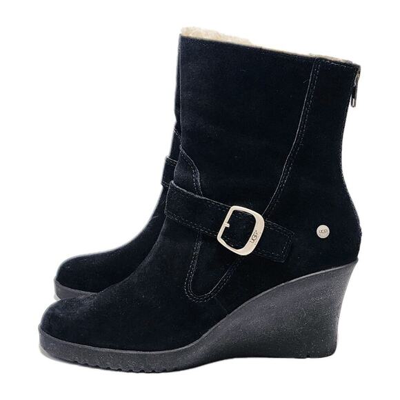 UGG Gissella Womens 10 Black Suede Shearling Lined Wedge Mid Calf Ankle Boots - Picture 6 of 9